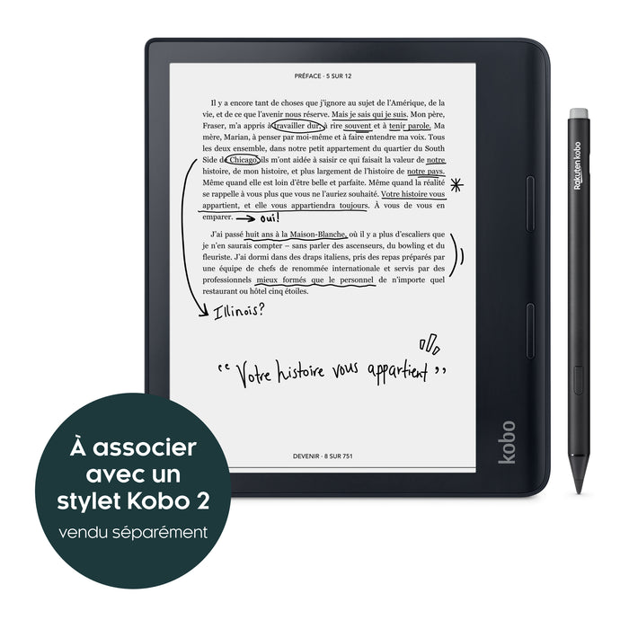 Vue de face du Kobo Sage noir associé au Kobo Stylus noir, vendu séparément.

